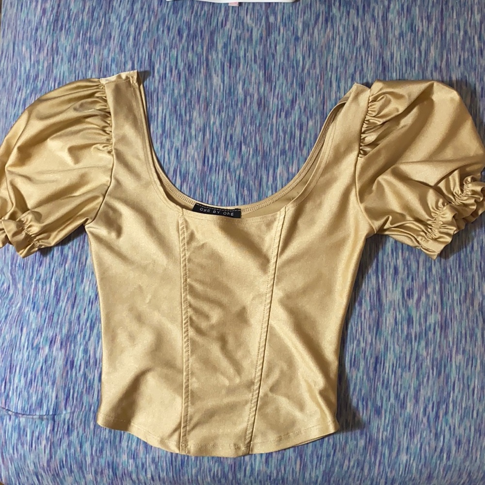 cute gold stretchy gold crop top with ruffles